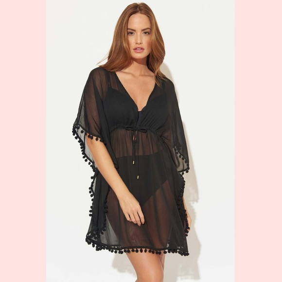 Bleu Rod Beattie Other - Bleu Rod Beattie Caftan Pom Trim Sheer Coverup